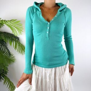 Vintage Y2K Blue Indie Casual Long Sleeve Basic Hooded Henley Shirt / Size: S